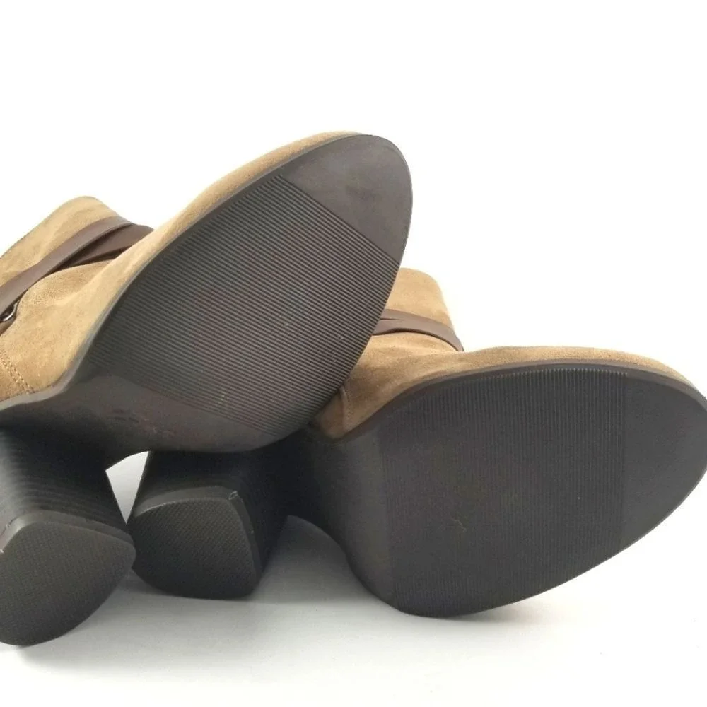 Tan Microfiber Suede Harness Ankle Boots‎ Brown Straps Block Heel 9W